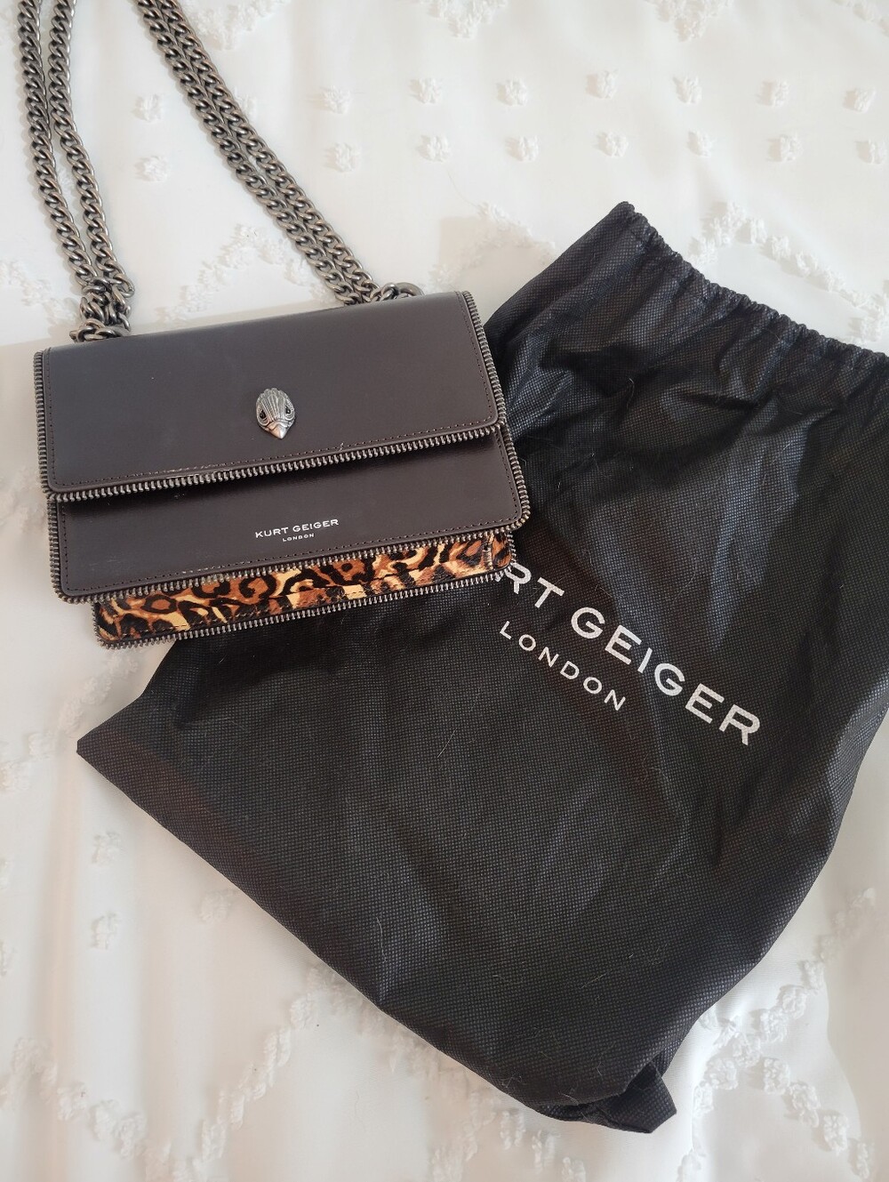 Kurt Geiger Shoreditch Brown Leather Calves Hair Leapord Print Purse